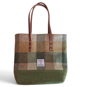 Olive green cream and mustard check Harris Tweed Tote Bag