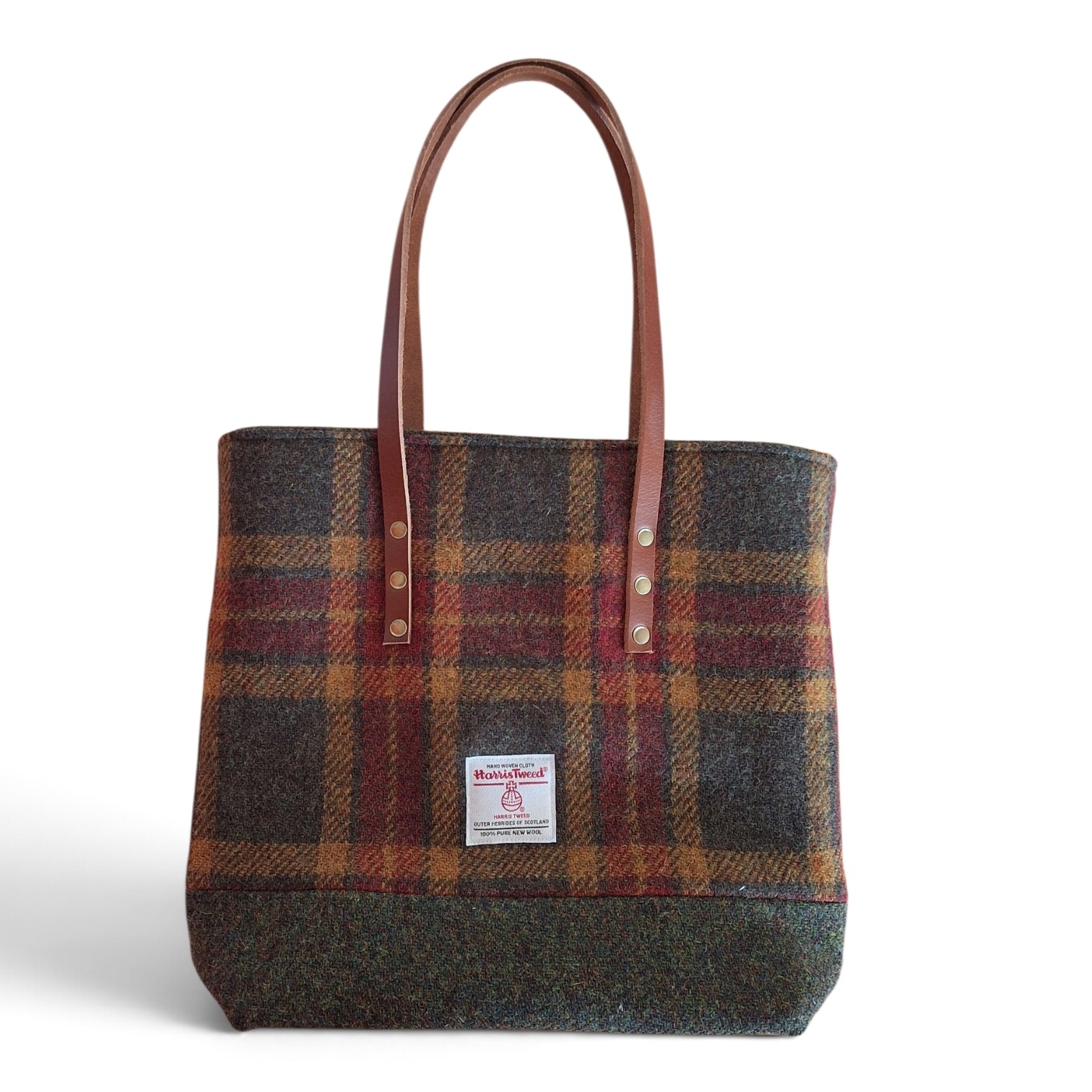Olive green and dark red check Harris Tweed Tote Bag